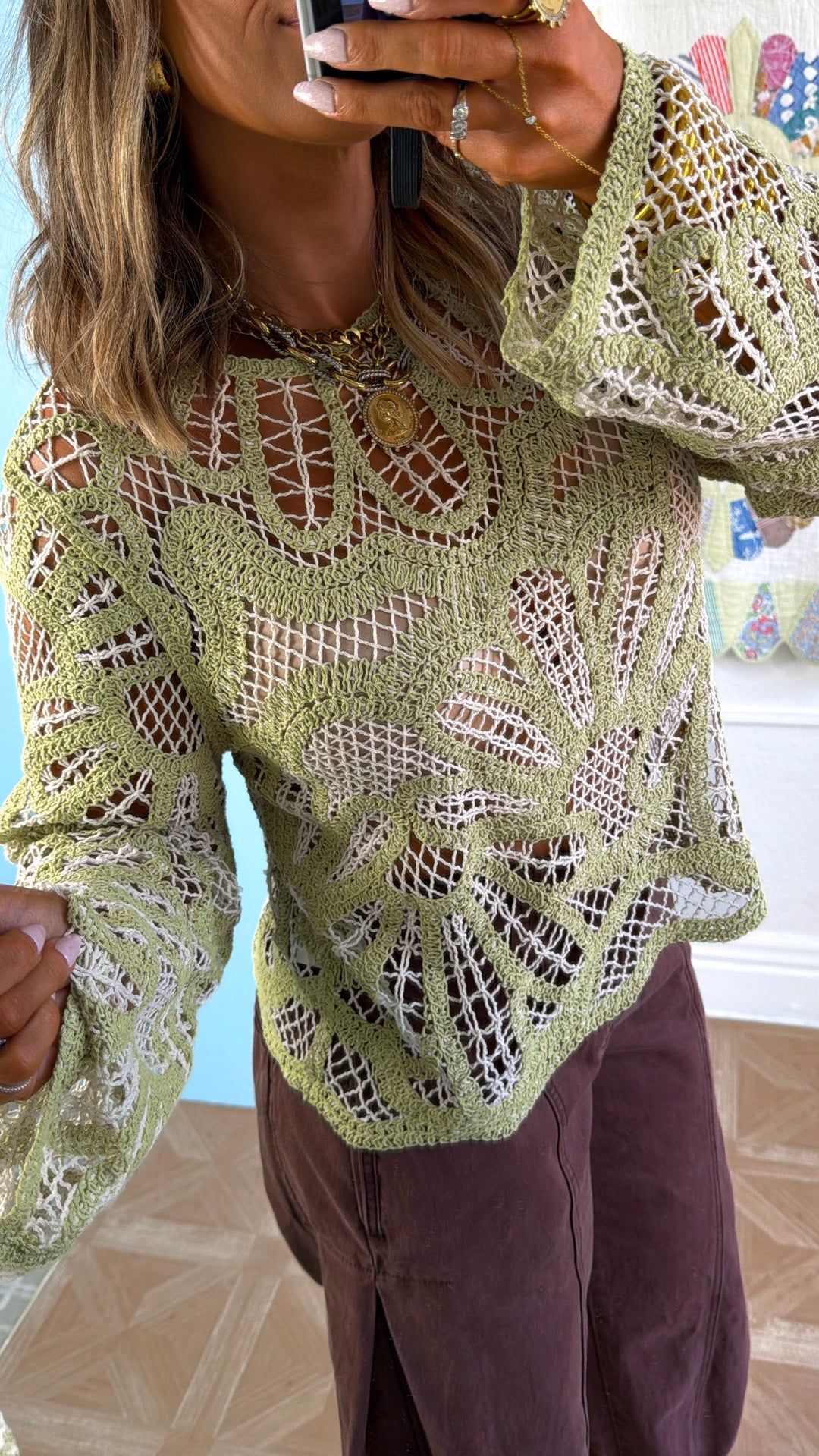 Boho Contrast Crochet Top, Lt. Green