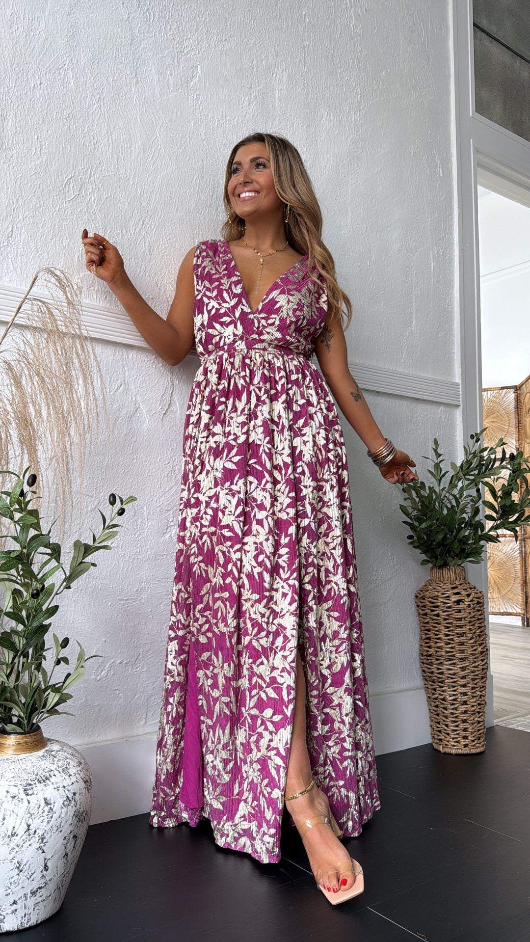 Rosaline Plunge Maxi Dress, Magenta/Gold