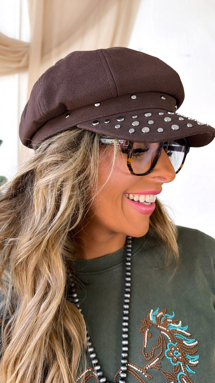 Studded Vegan Suede Cabbie Hat, Dk.Brown
