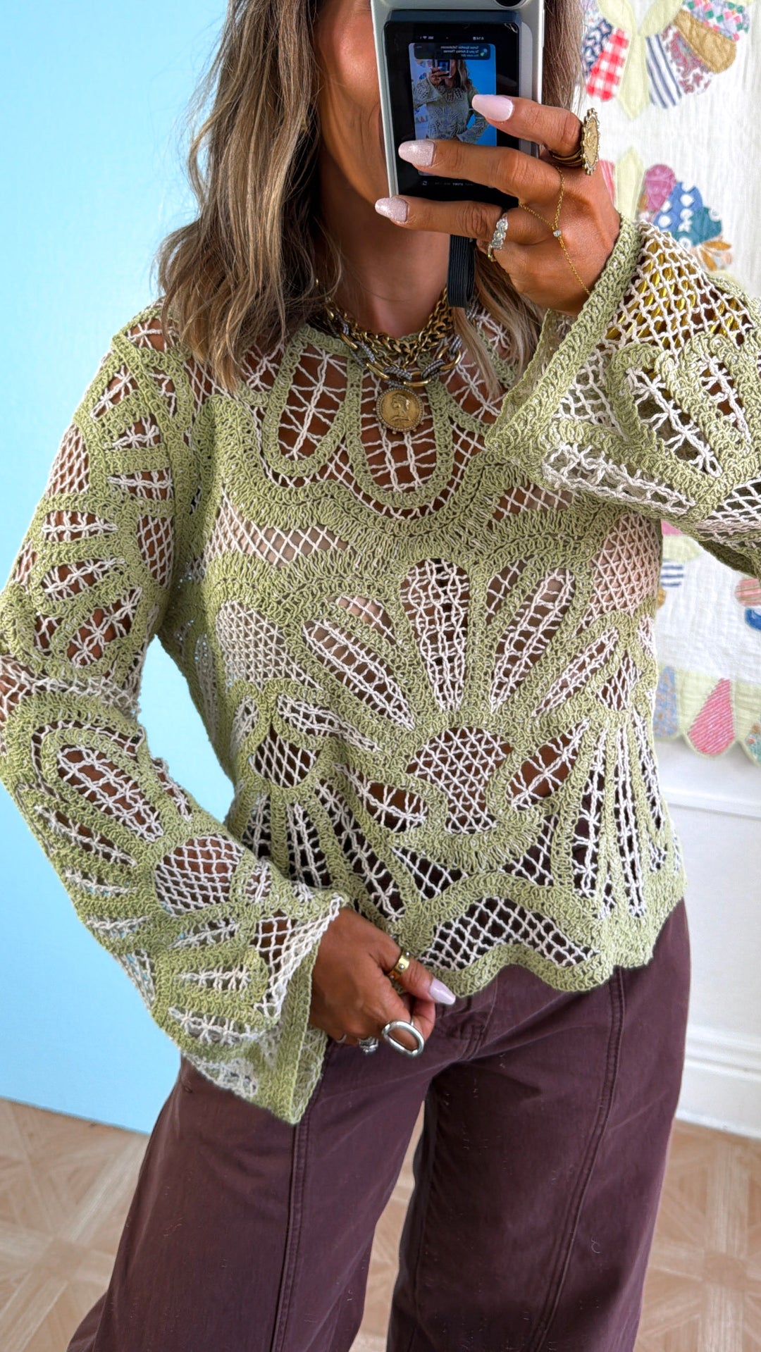 Boho Contrast Crochet Top, Lt. Green