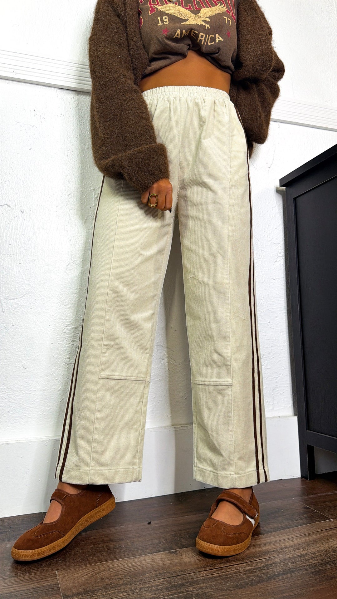 Corduroy Detailed Pants, Cream/Choco