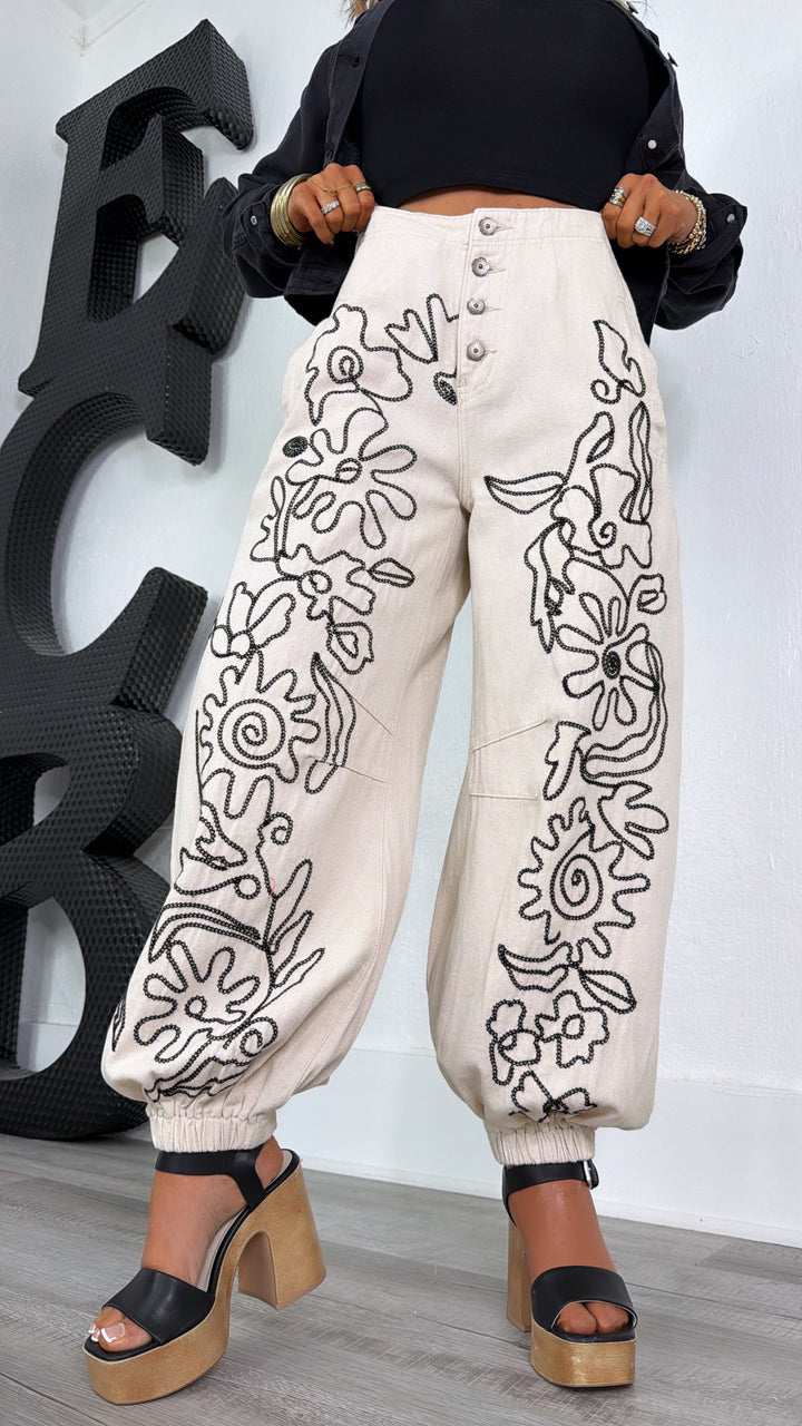 For The Love Of Floral Embroidered Denim Jogger, Oatmilk