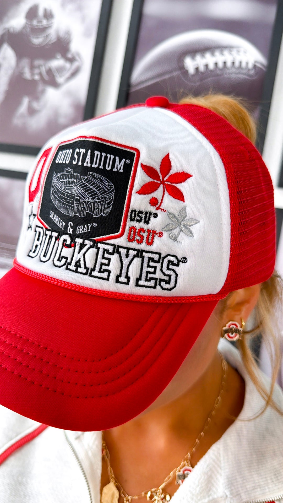 Layered Patch Buckeyes Hat, True Red/ White