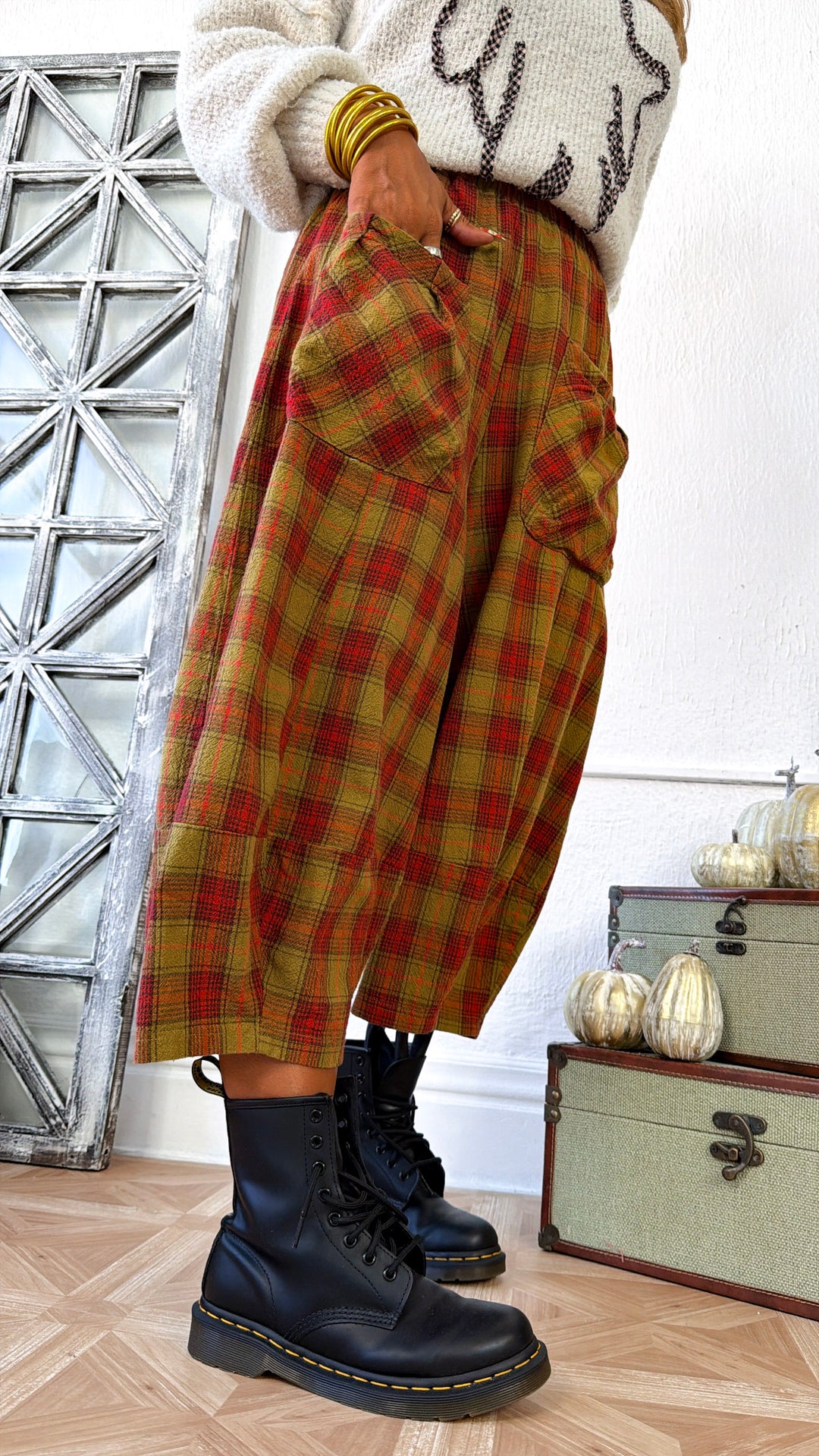 Plaid Print Wide Leg Jogger, Olive/Dijon Checker