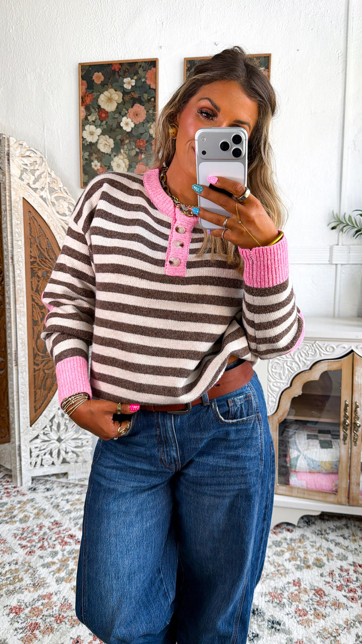 Lighthouse Lane Stripe Top, Mocha/Taupe