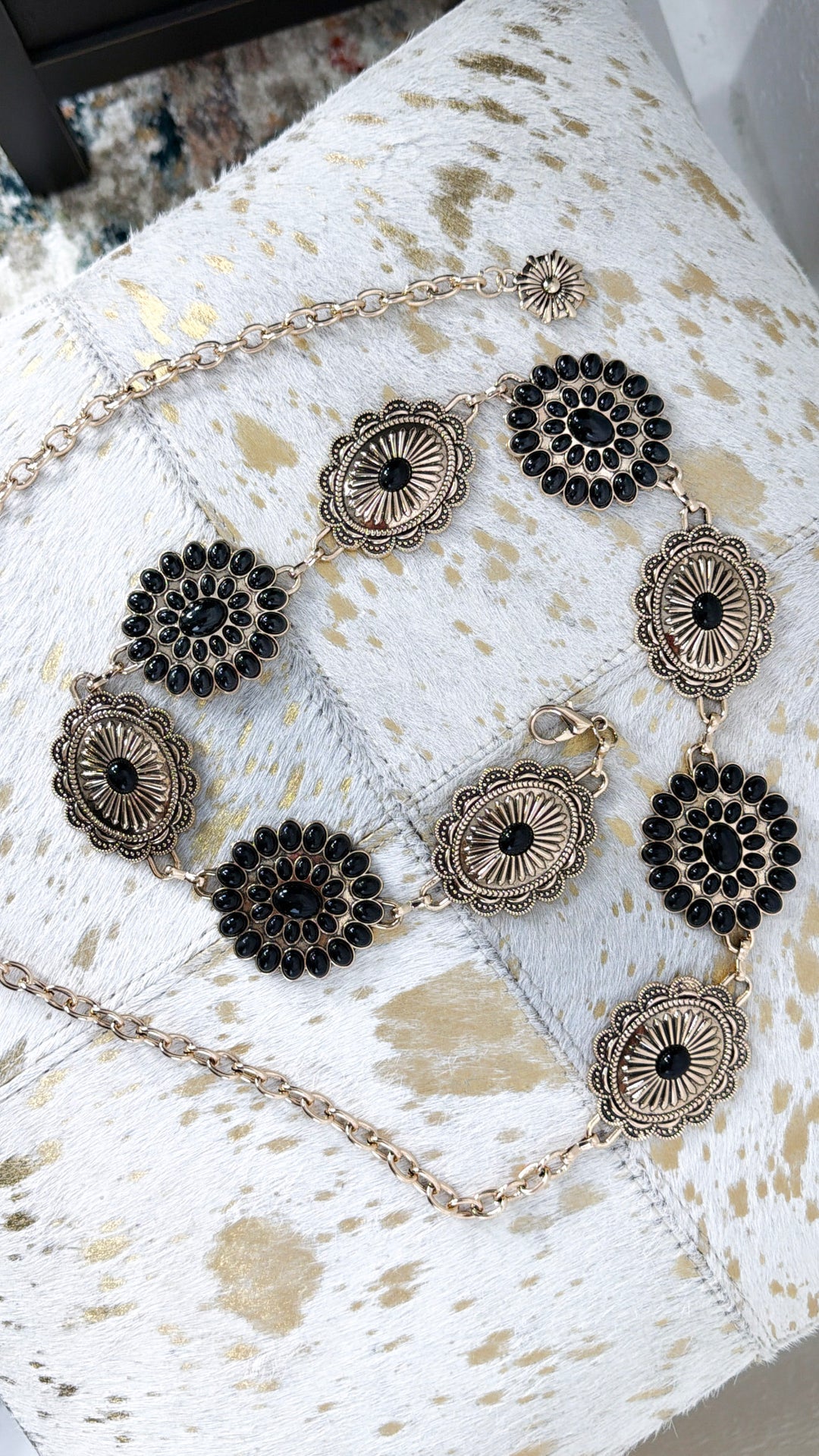 Boho Floral Concho Chain Belt, Black