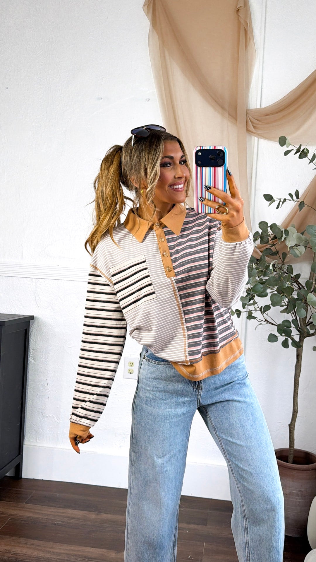 Multi Stripe Pullover, Camel/Dusty Pink Mix