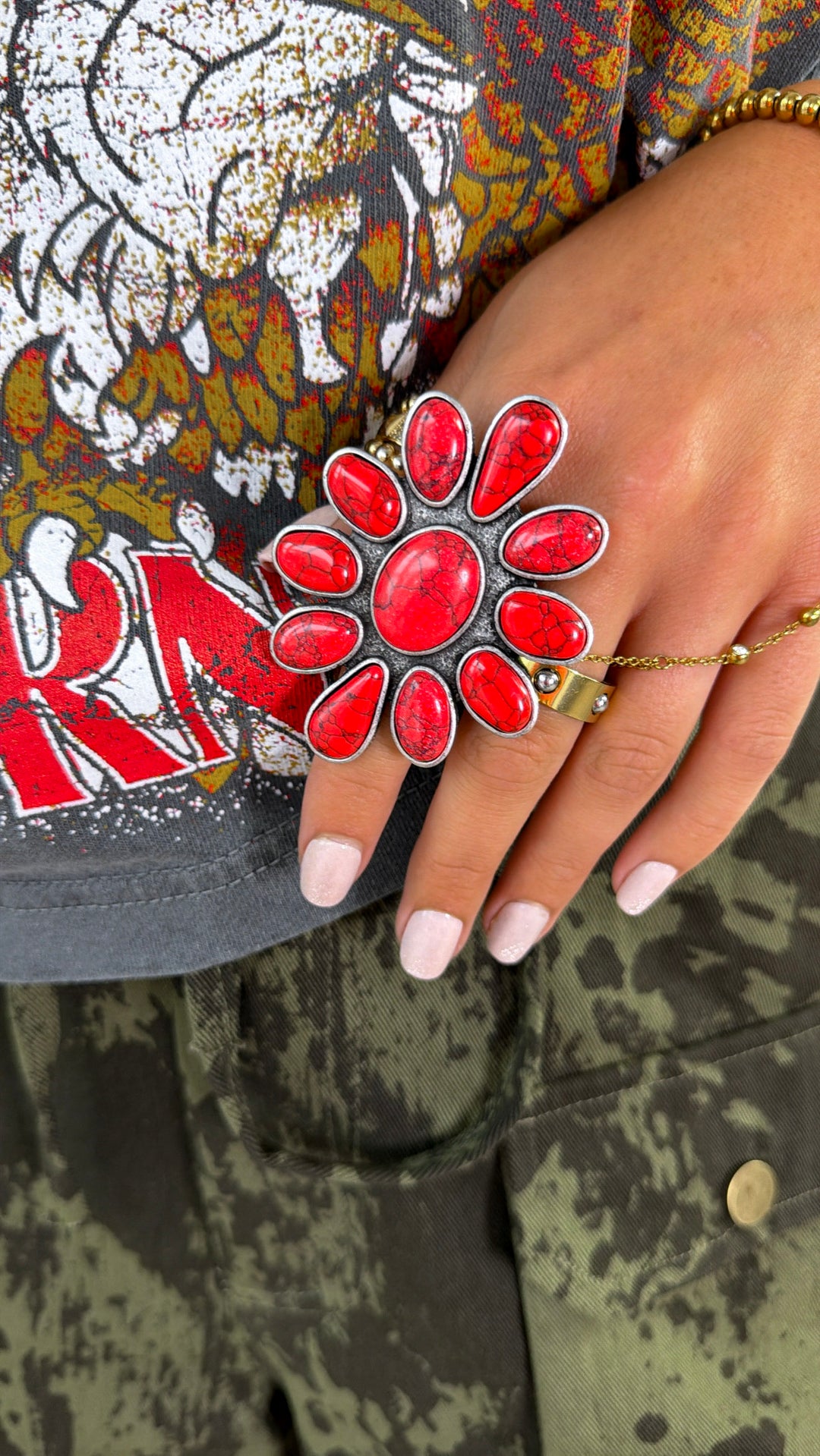 Metal Flower Ring, Red