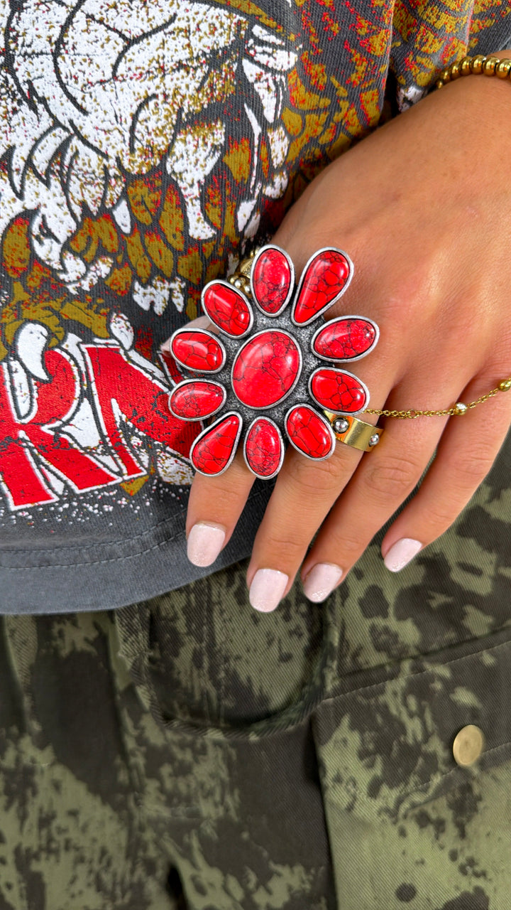 Metal Flower Ring, Red