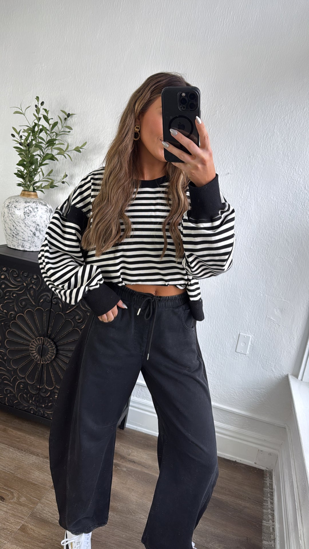 All About Balance Striped Top, Black/Ivory