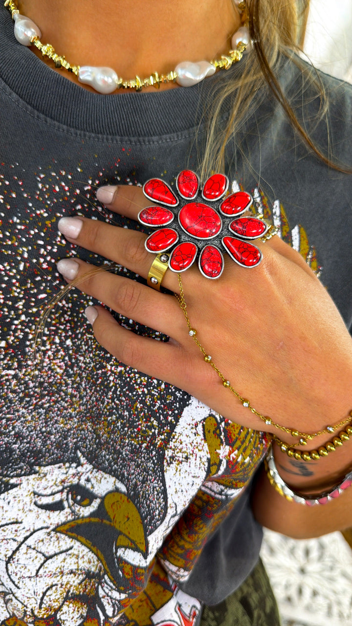 Metal Flower Ring, Red