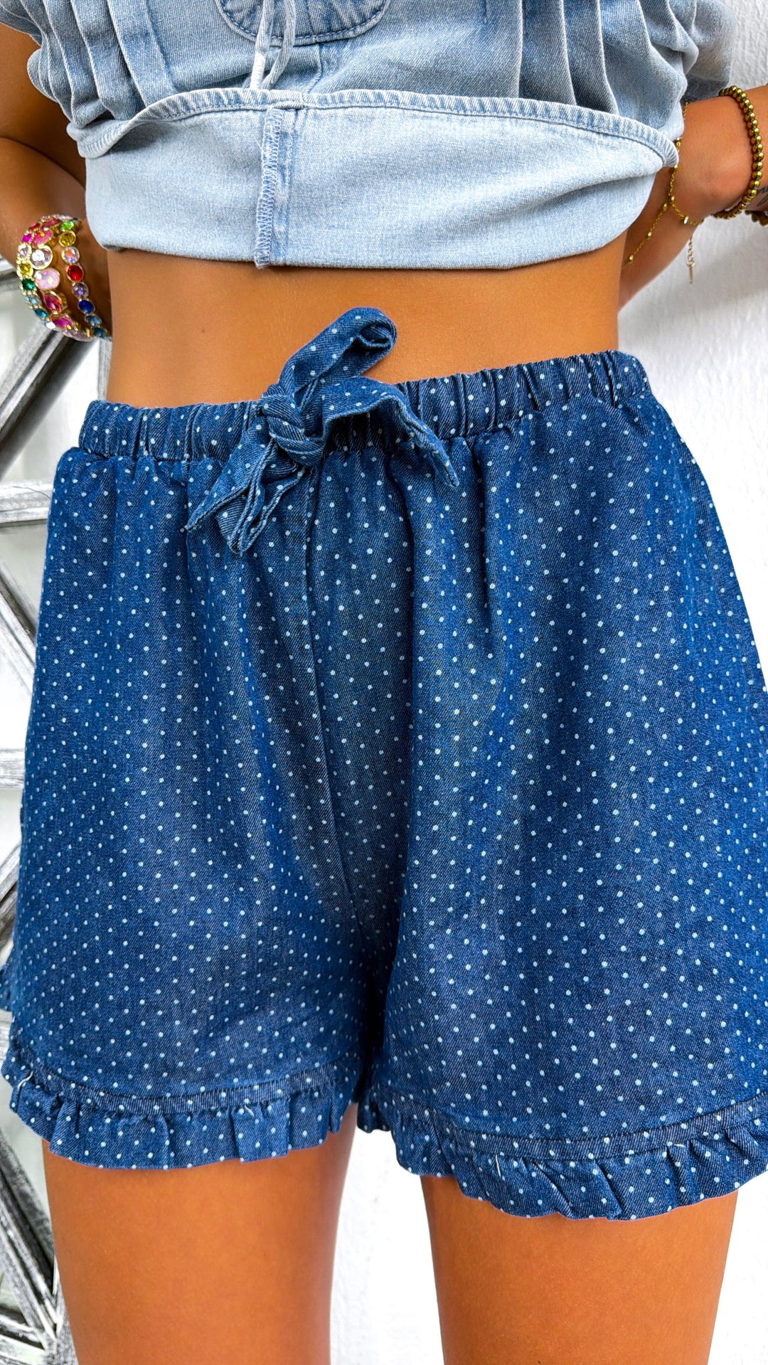 Polka Dot Denim Shorts, Denim