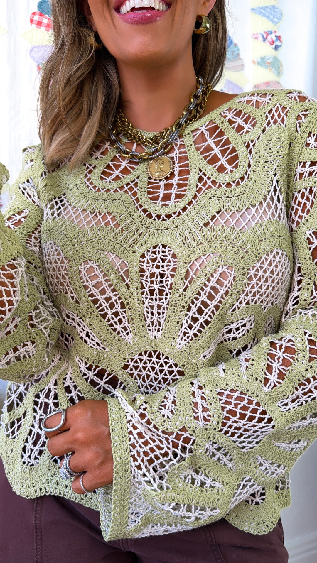 Boho Contrast Crochet Top, Lt. Green