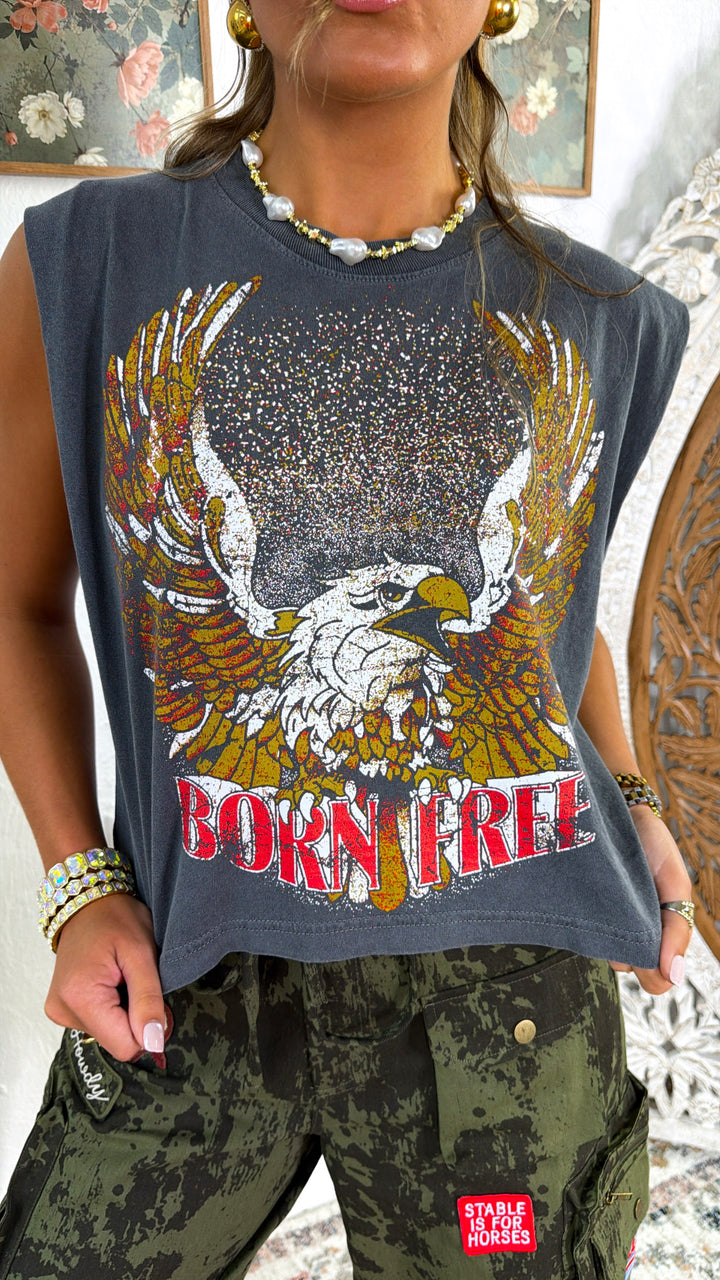Born Free Muscle Tee, Faded Black