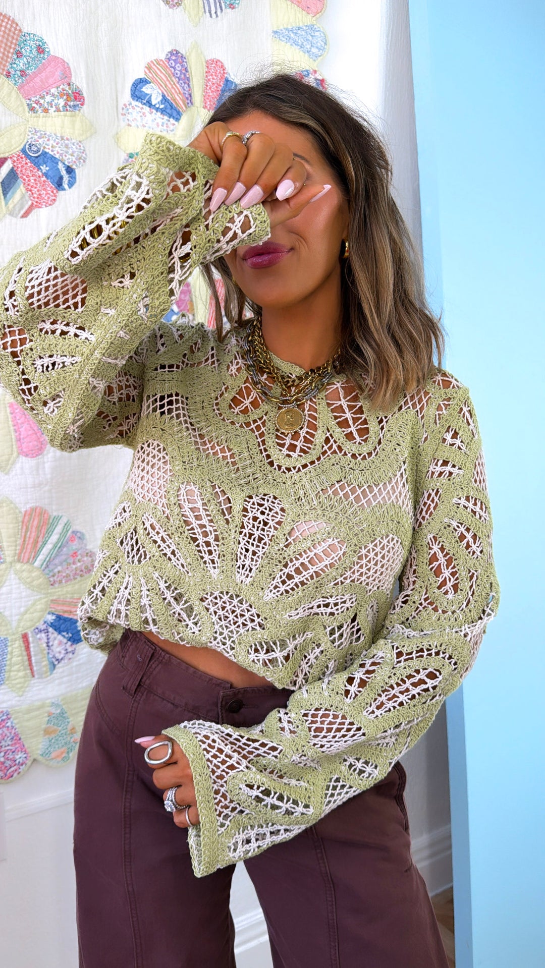 Boho Contrast Crochet Top, Lt. Green