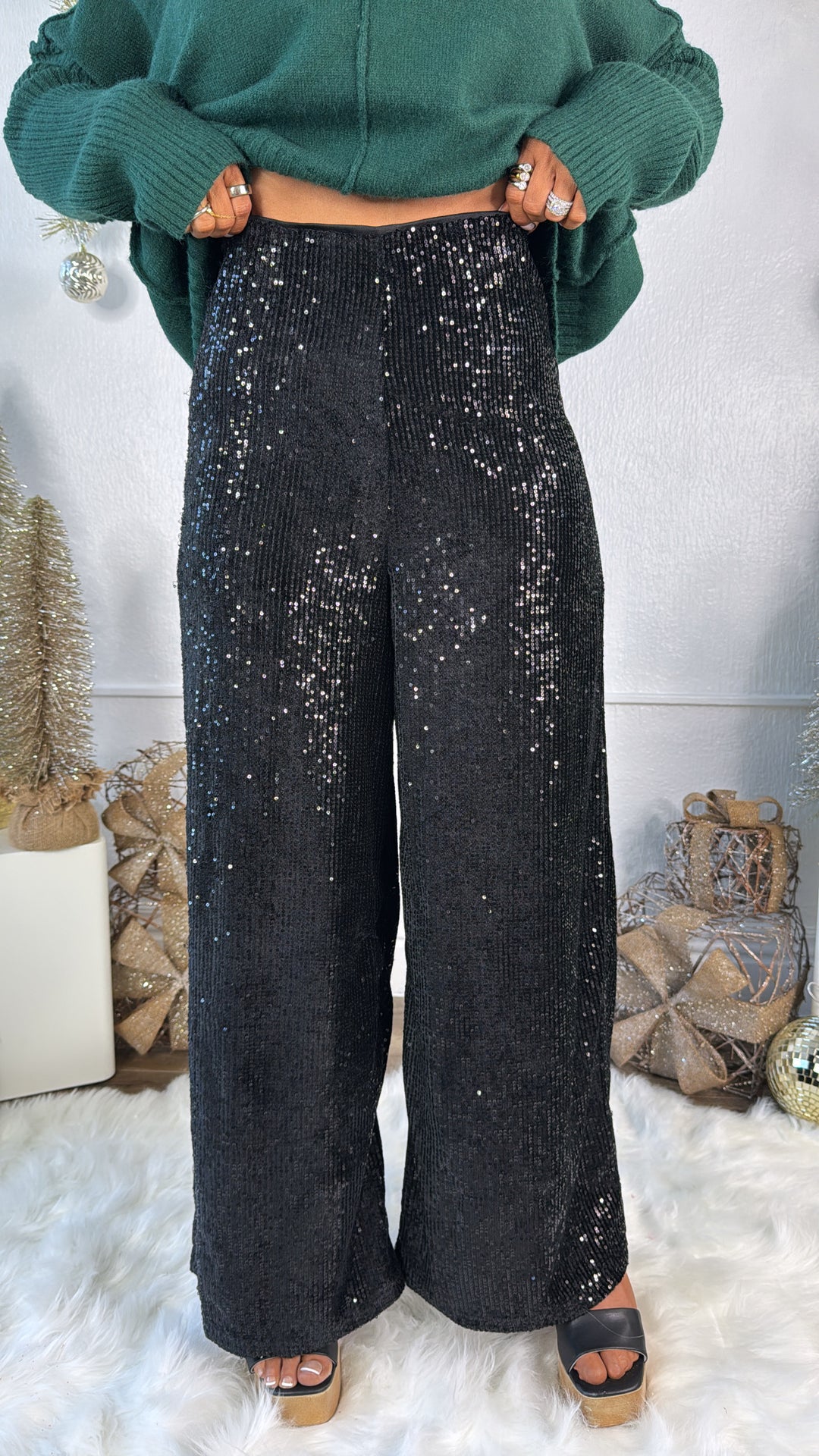Sequins Flared Pants, Black