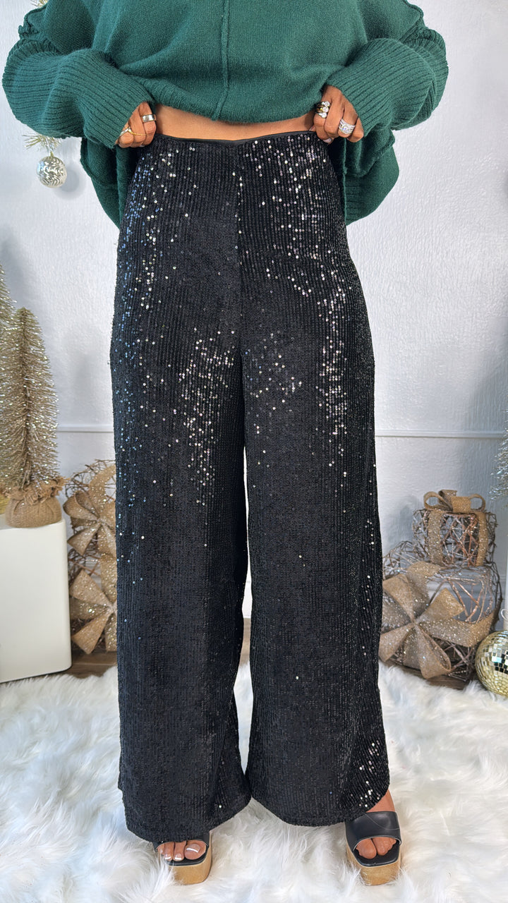 Sequins Flared Pants, Black