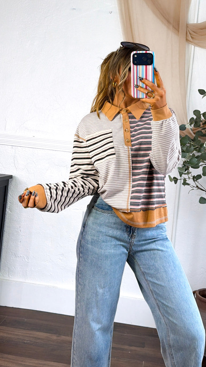 Multi Stripe Pullover, Camel/Dusty Pink Mix