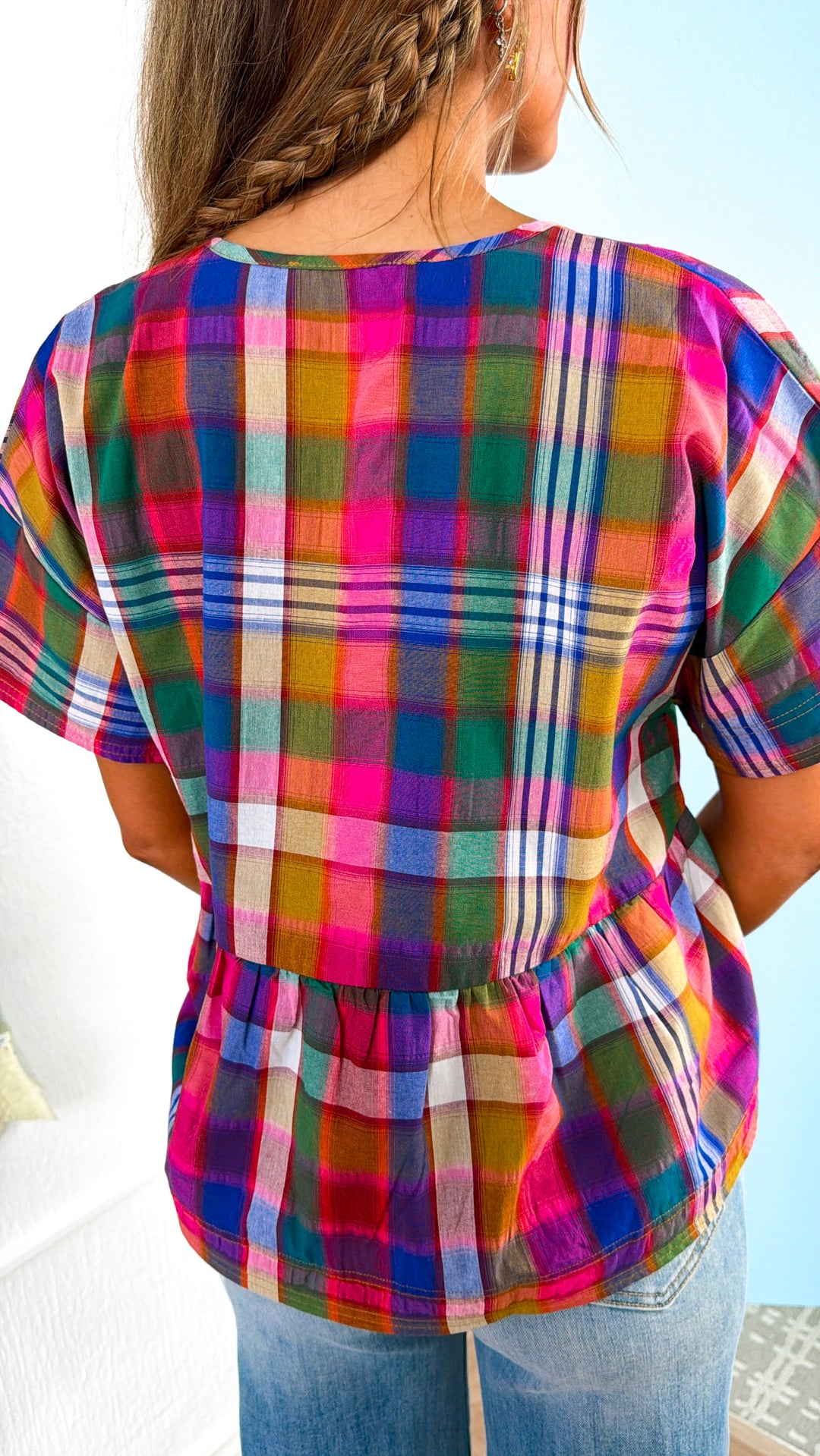 Tie Up Babydoll Blouse, Pink/Navy Plaid
