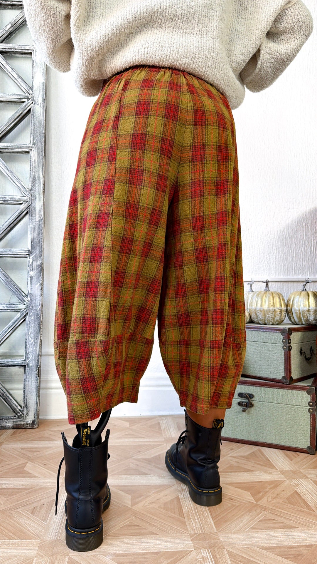 Plaid Print Wide Leg Jogger, Olive/Dijon Checker