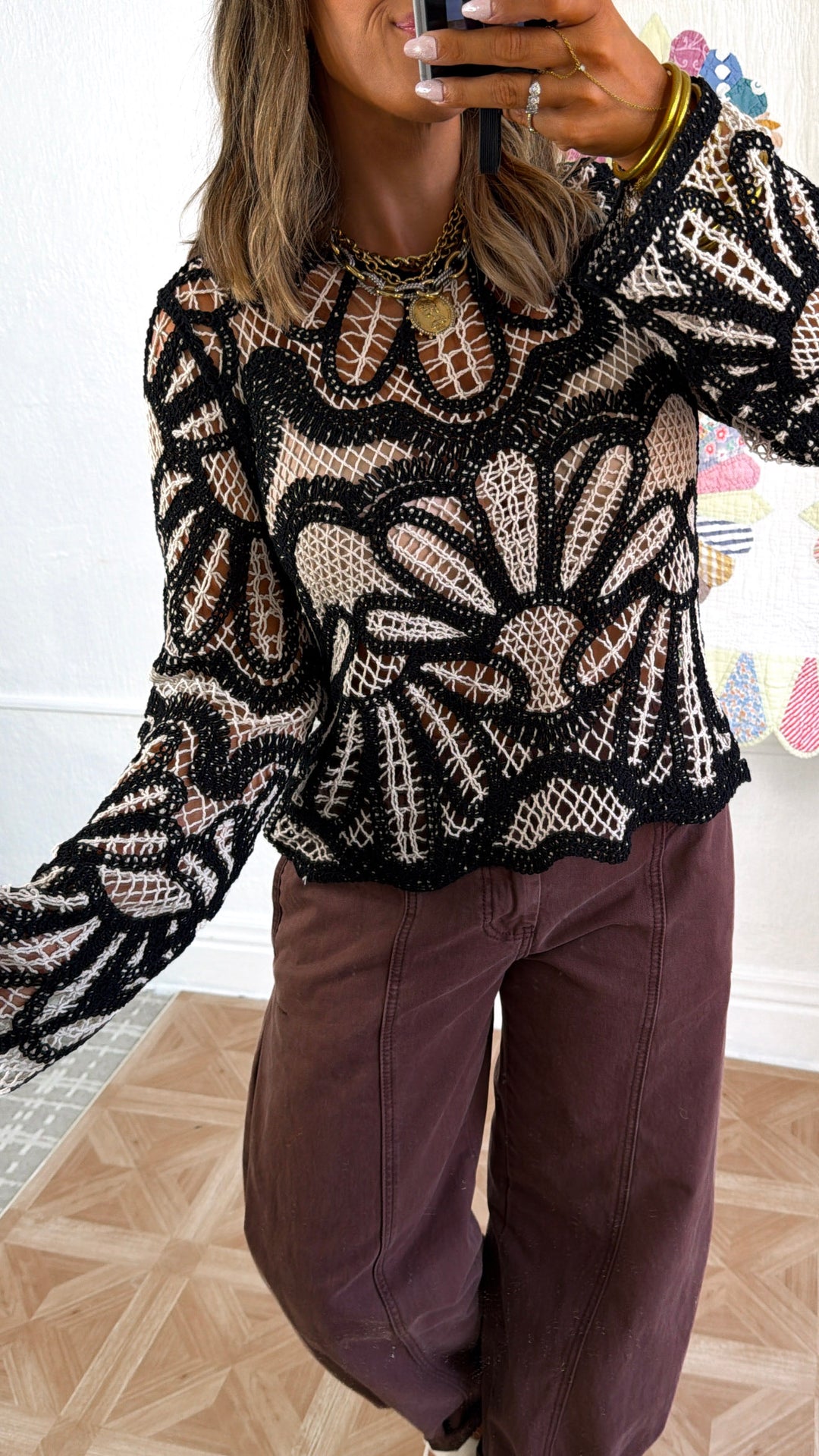 Boho Contrast Crochet Top, Black