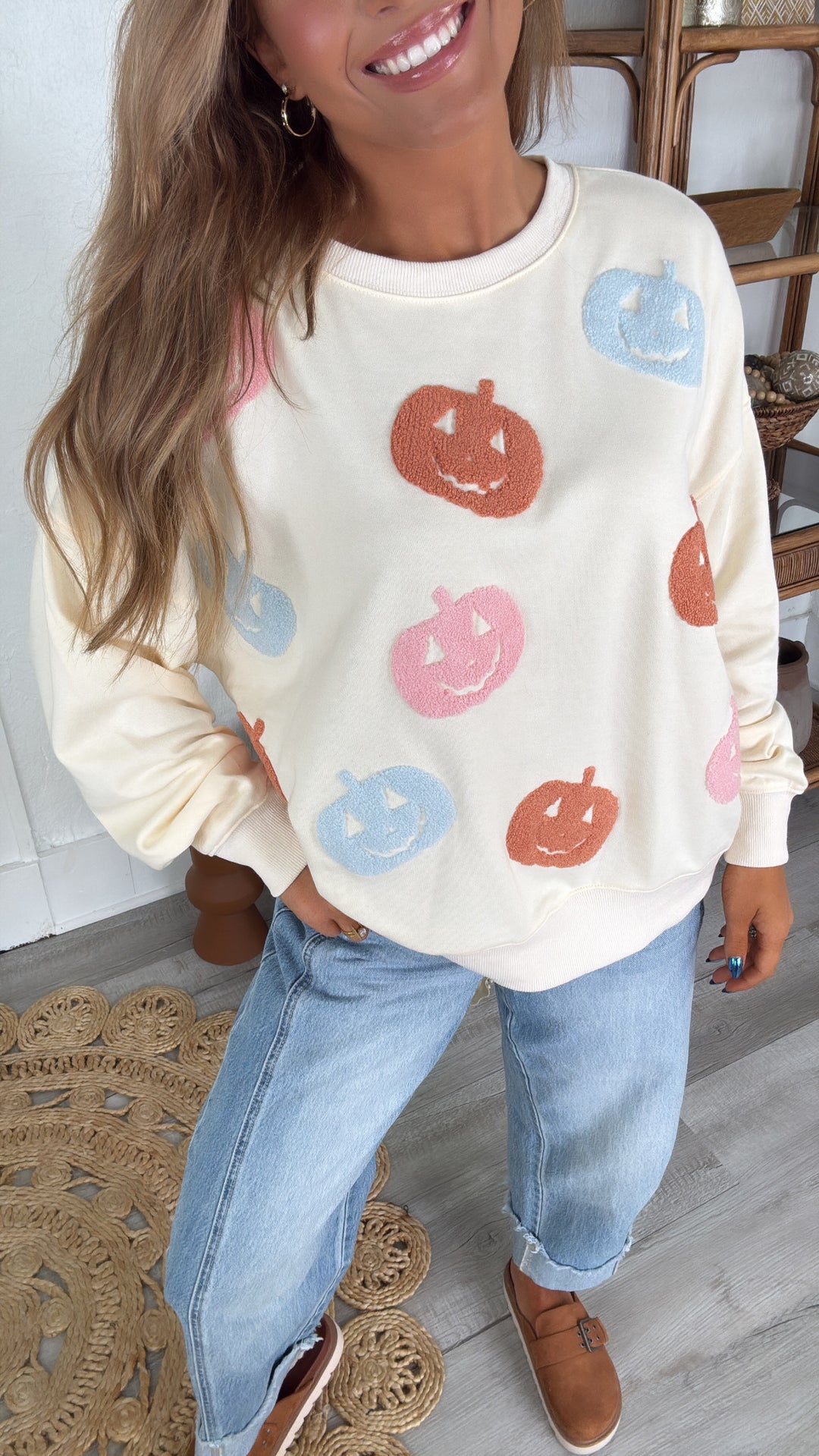 Oversized Pumpkin Embroidered Sweater, Ivory