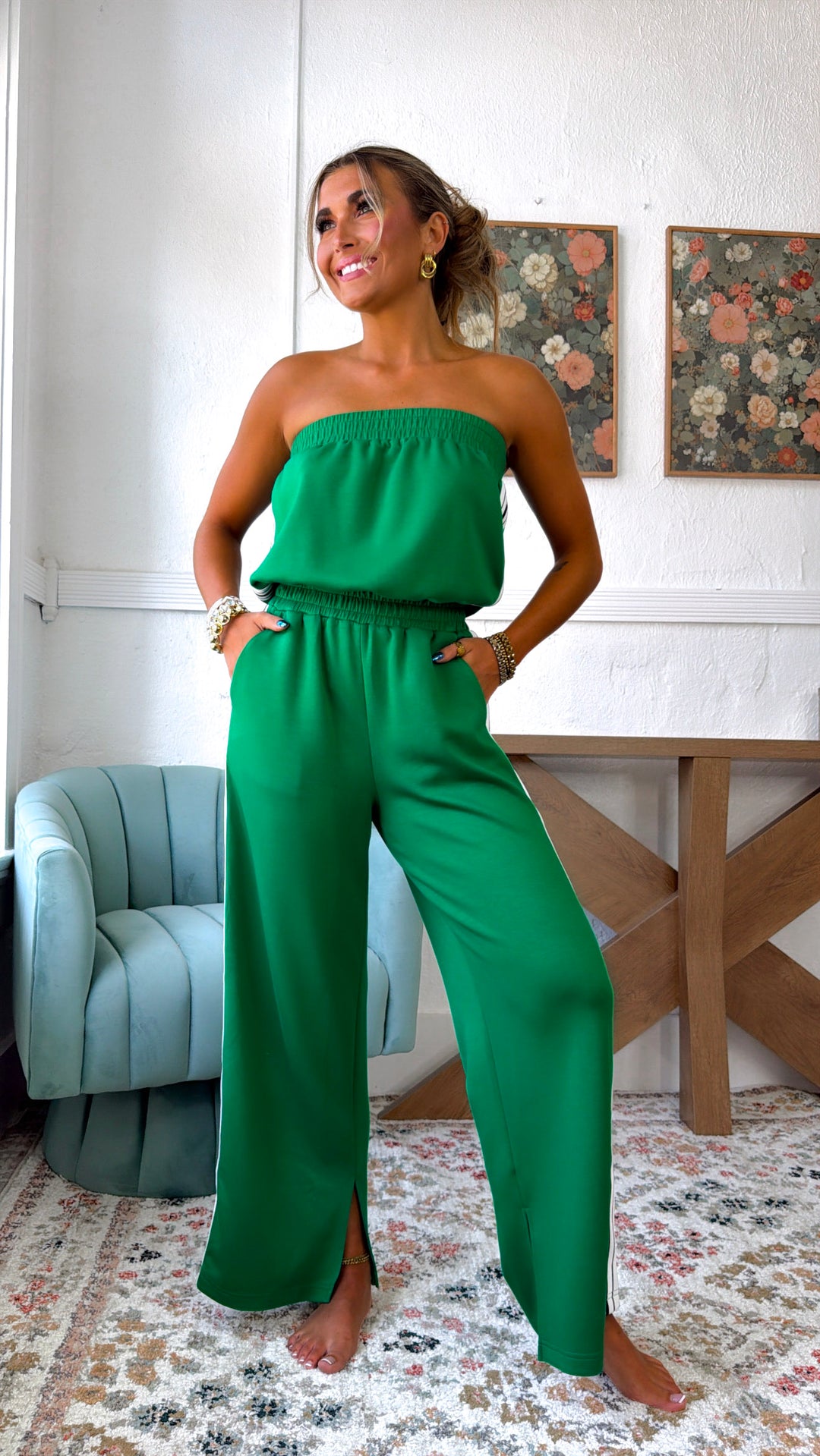Strapless Athletic Jumpsuit, Green