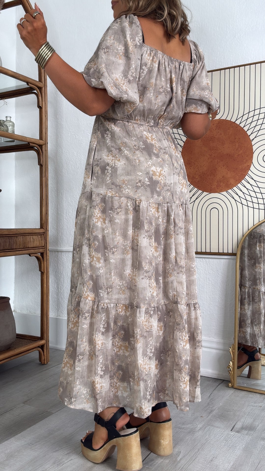 Granite Hues Whimsical Bubble Sleeve Maxi Dress, Taupe