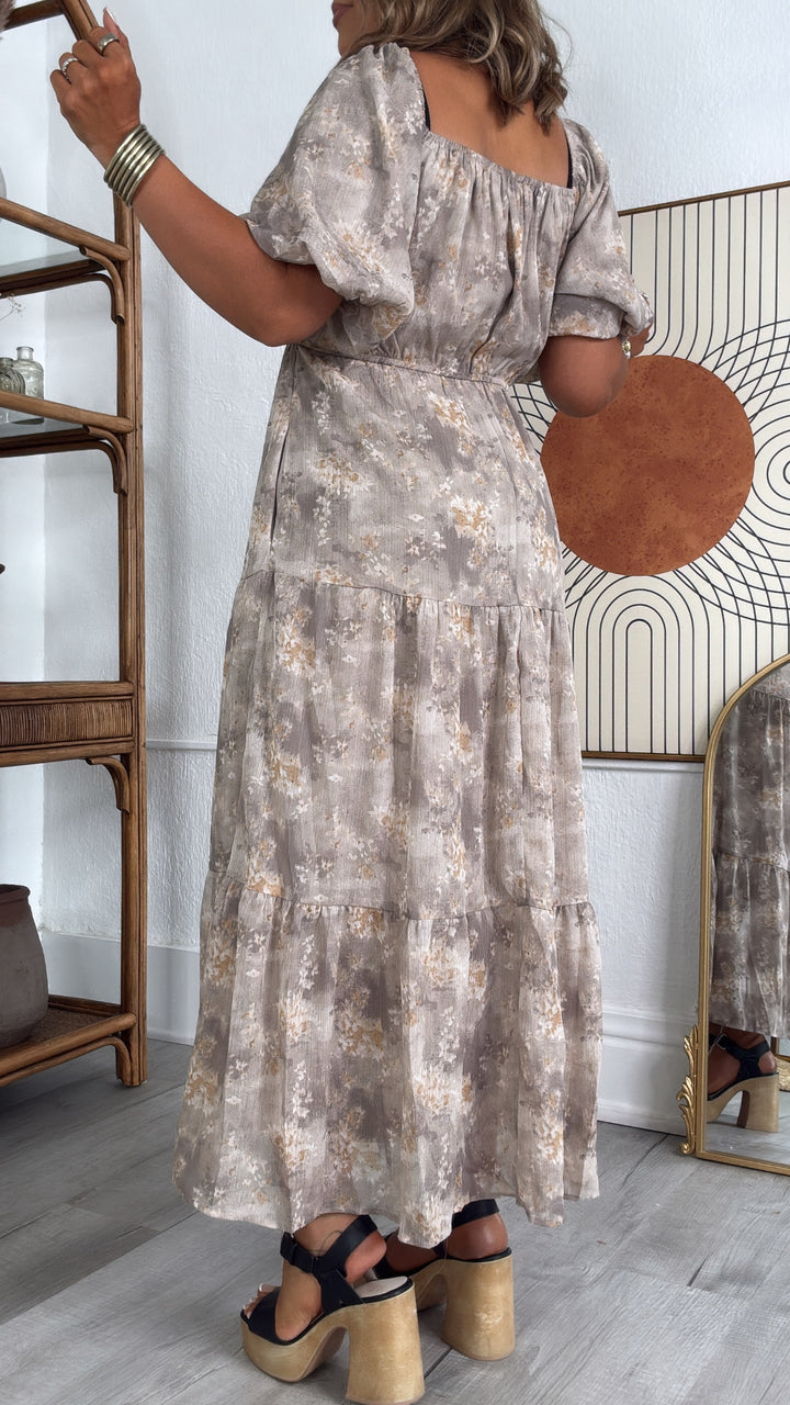 Granite Hues Whimsical Bubble Sleeve Maxi Dress, Taupe