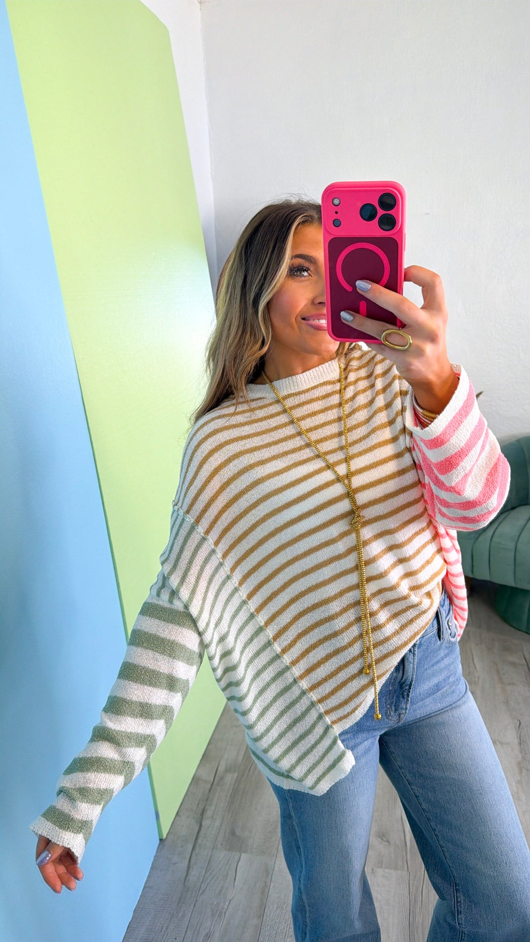 Loral Striped Sweater, Camel Combo