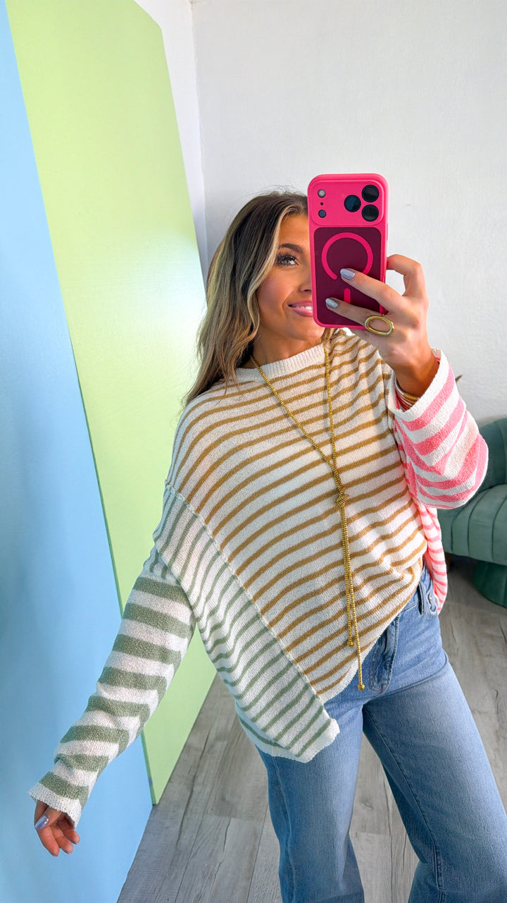 Loral Striped Sweater, Camel Combo
