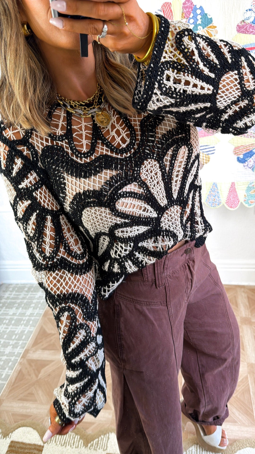 Boho Contrast Crochet Top, Black