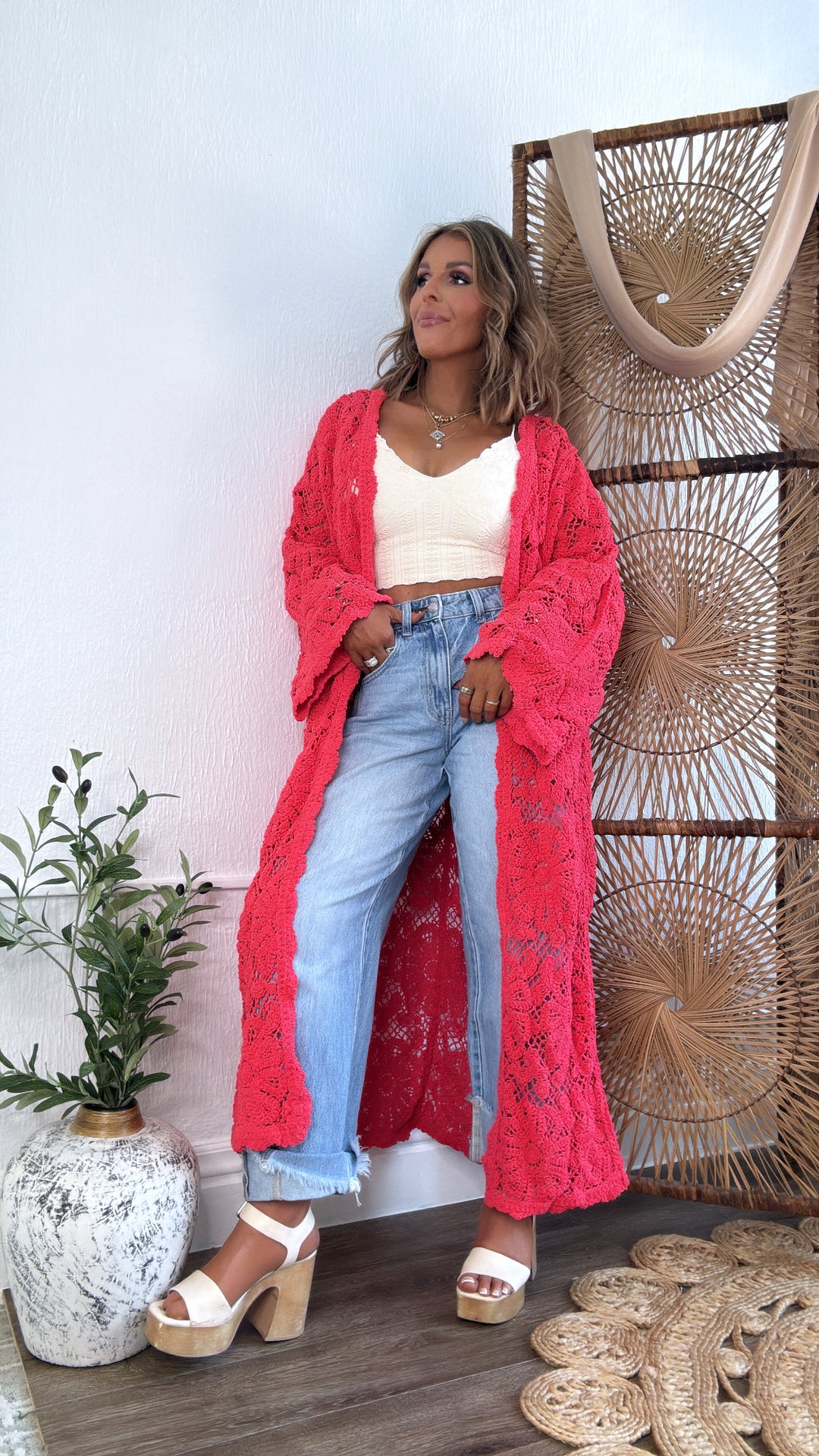 Sunset Soul Crochet Duster, Apple Coral