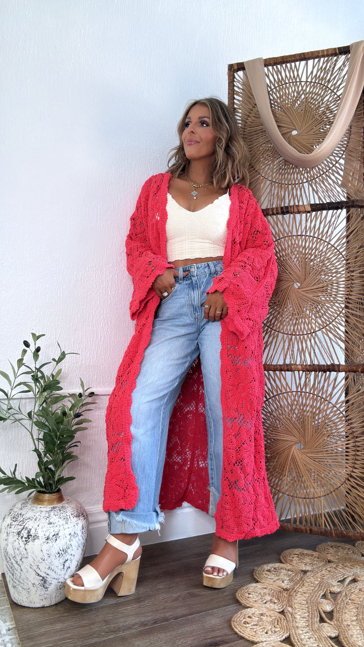 Sunset Soul Crochet Duster, Apple Coral