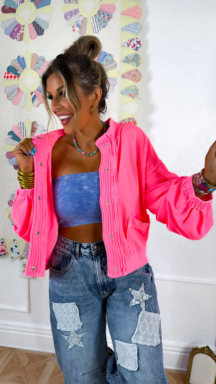 Arden Button Top, Neon Pink