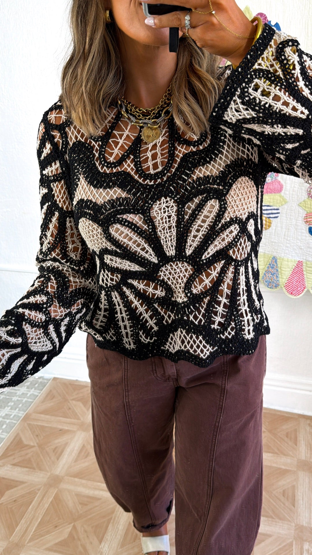 Boho Contrast Crochet Top, Black