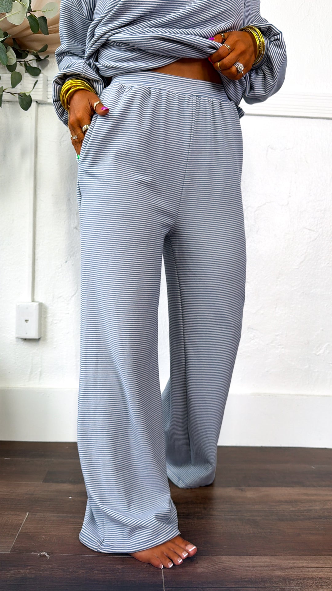 Striped Contrast Two Piece Set, Blue/Cream