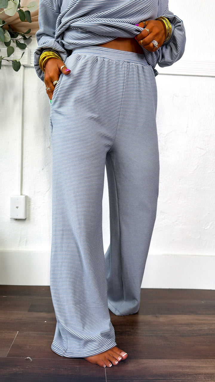 Striped Contrast Two Piece Set, Blue/Cream