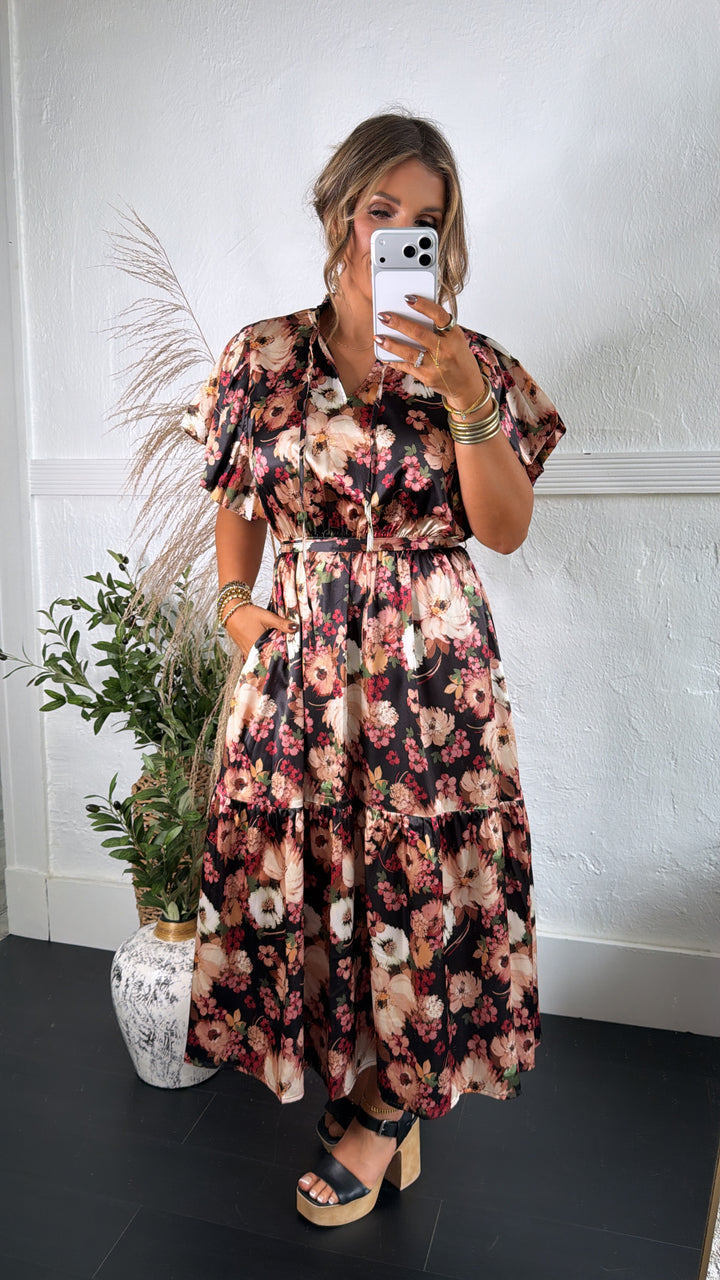 Dusky Petal Midi Dress, Black Multi