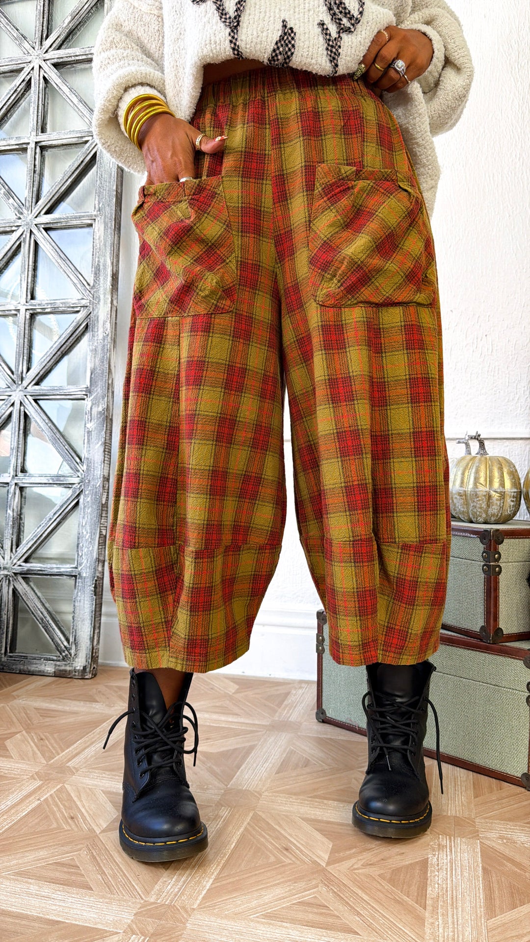 Plaid Print Wide Leg Jogger, Olive/Dijon Checker