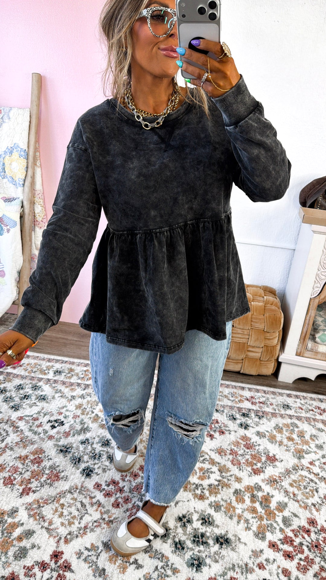 Washed Babydoll Sweatshirt, Washed Black
