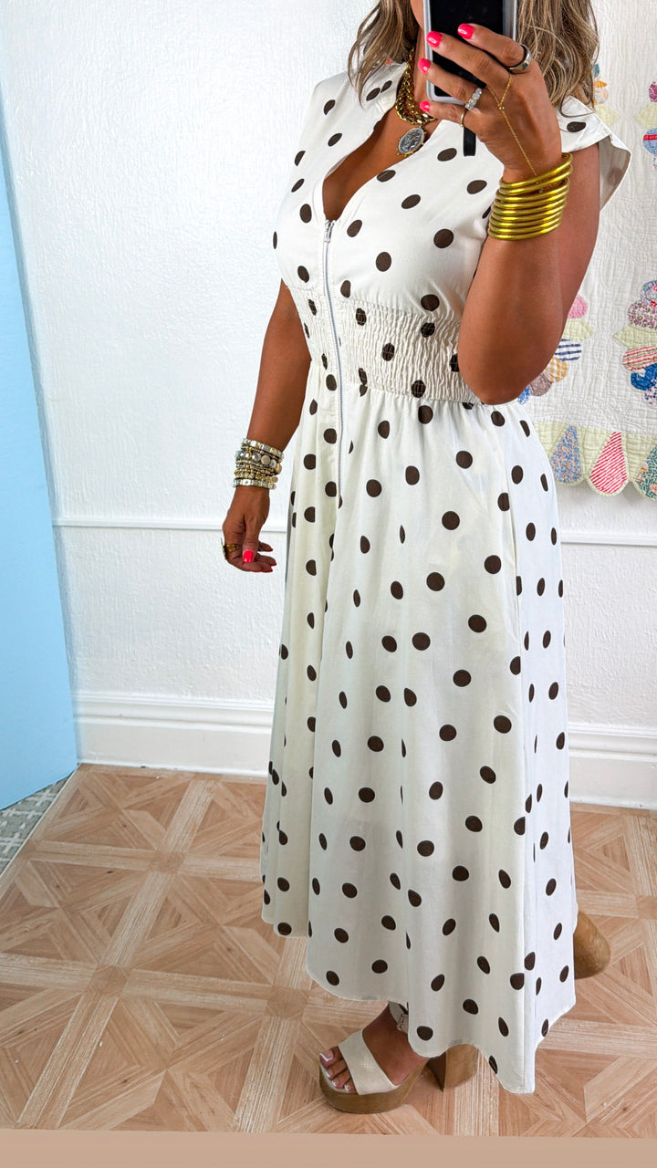 Girly Polka Dot Midi Dress, Cream