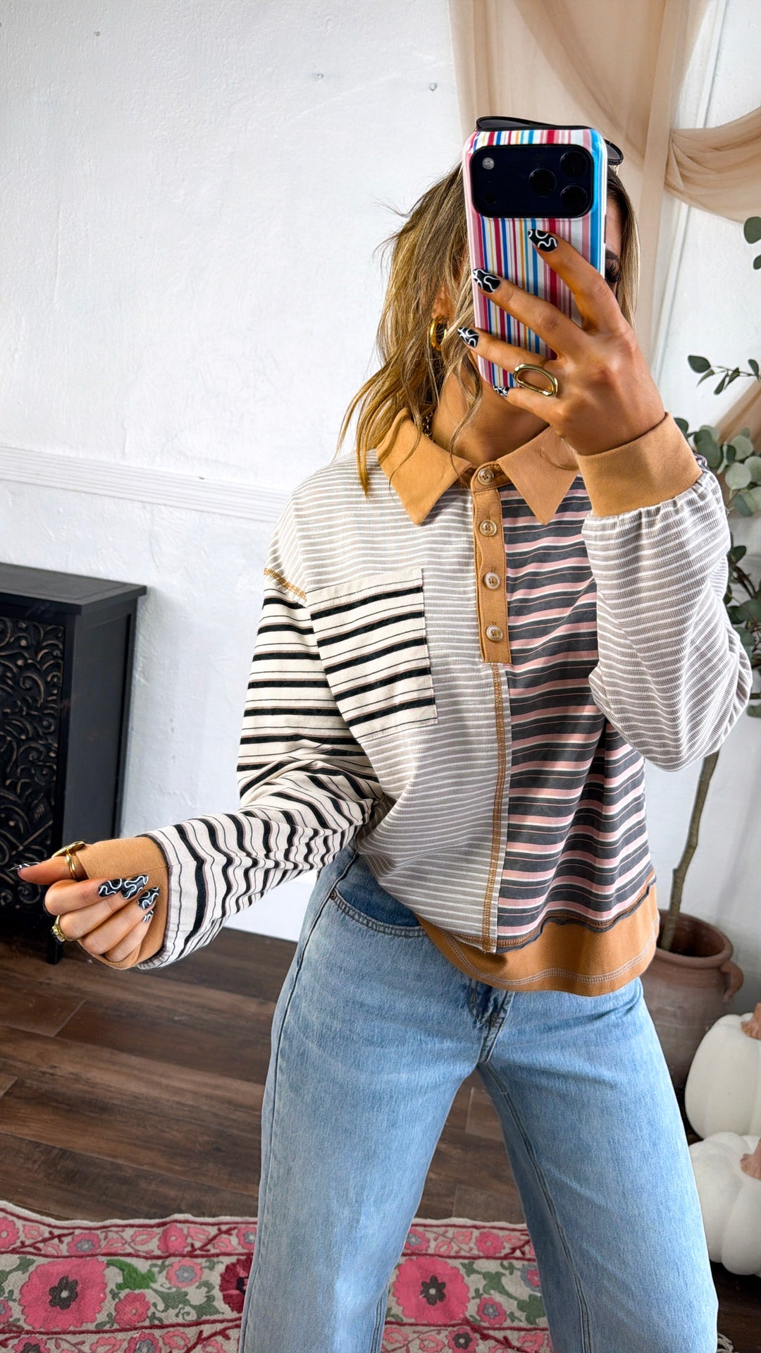 Multi Stripe Pullover, Camel/Dusty Pink Mix