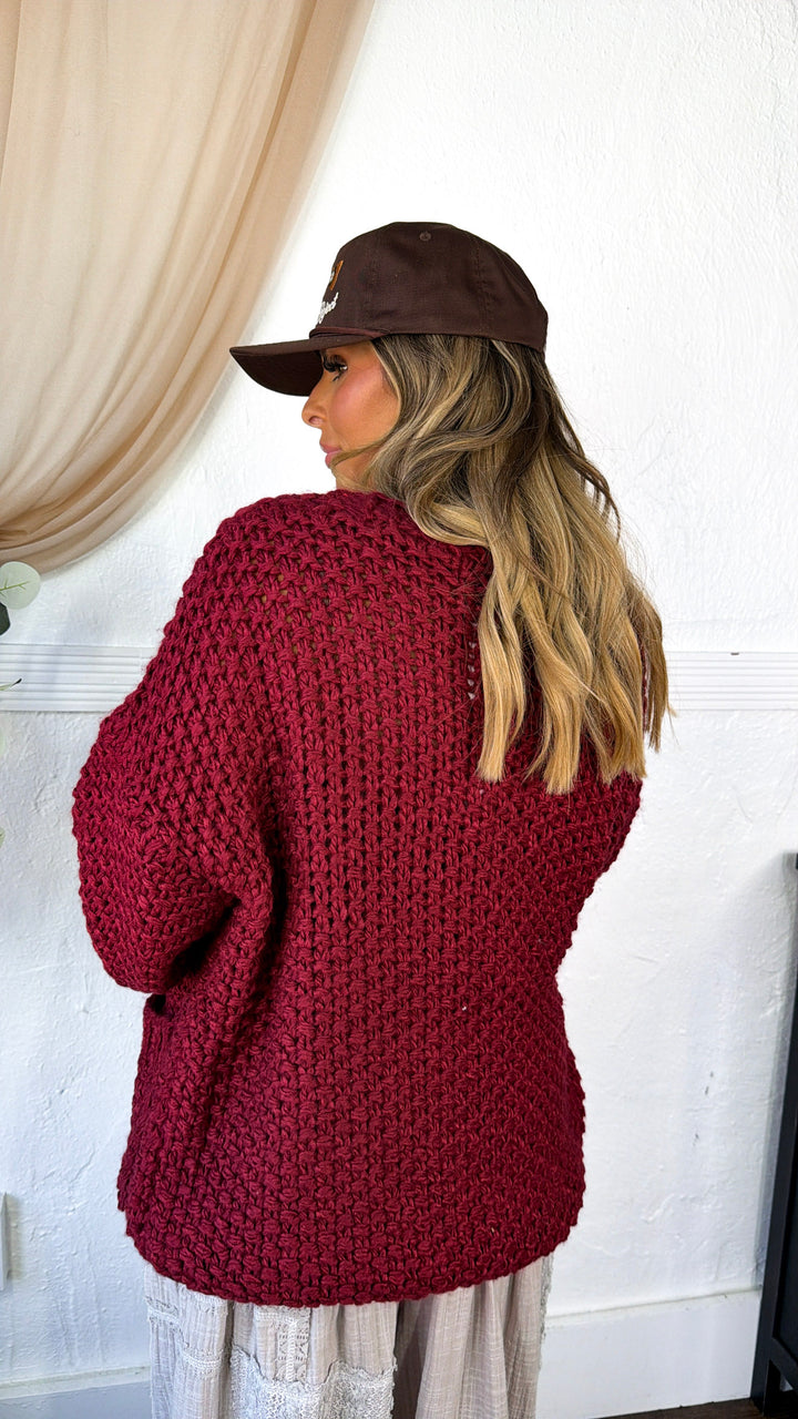 Slouchy Knit Button Cardigan, Burgundy