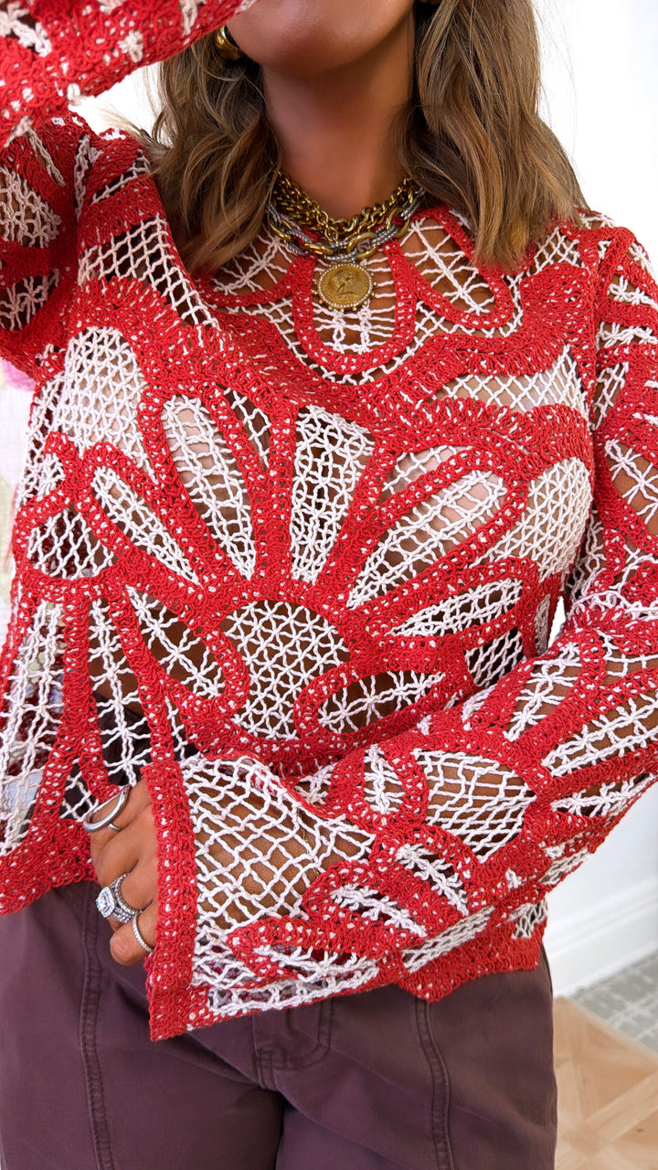 Boho Contrast Crochet Top, Rust