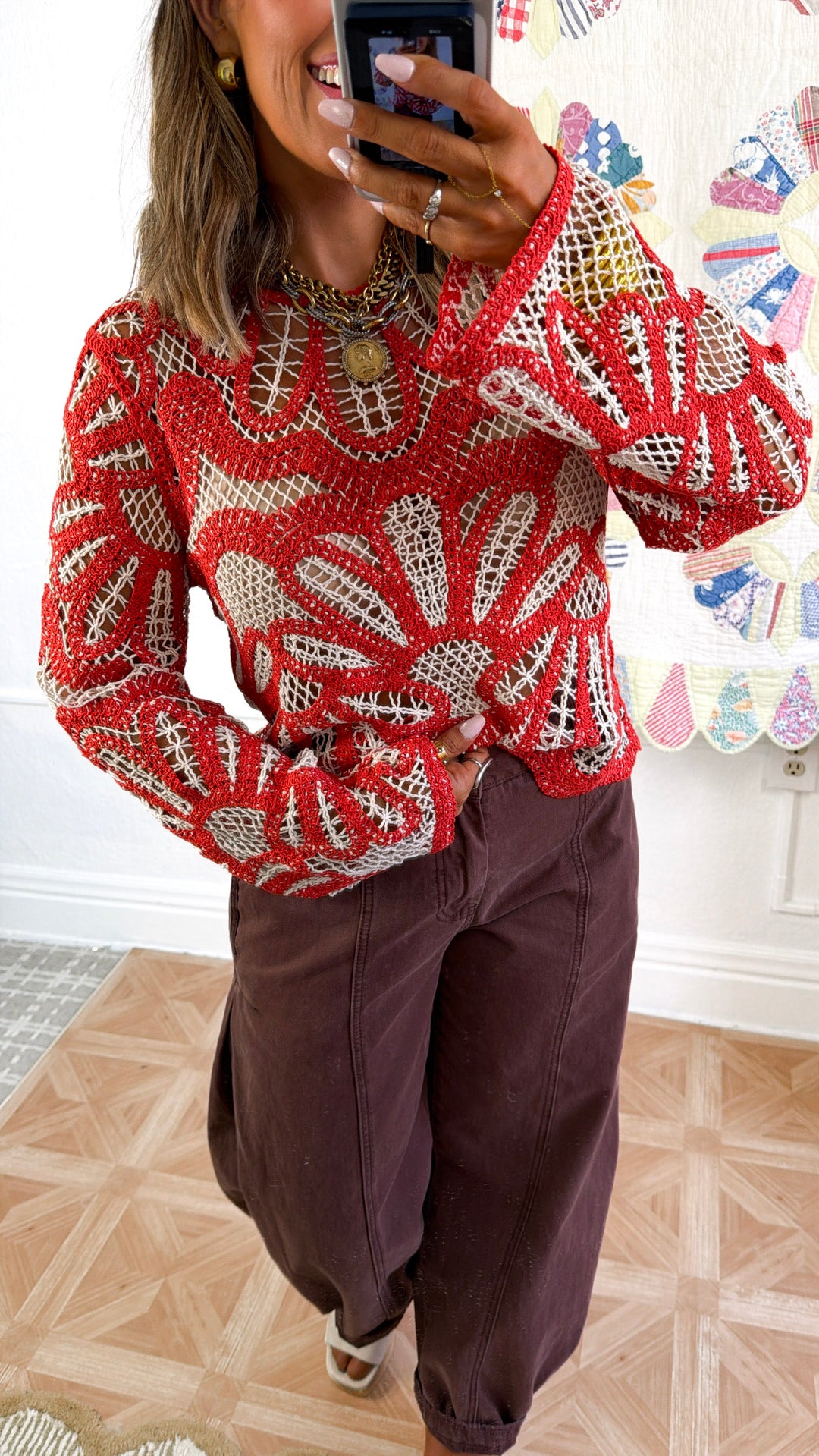 Boho Contrast Crochet Top, Rust