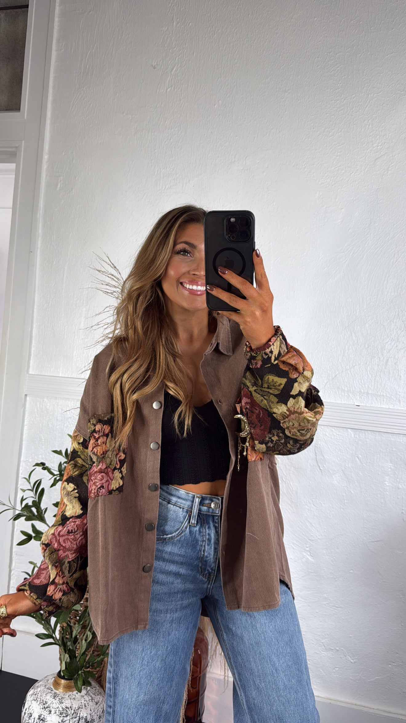 acka flower jacquard jacket（brown） Contrast Jacquard Shacket, Chocolate – Everyday Chic Boutique