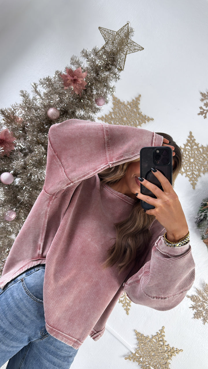 DOORBUSTER: Acid Washed Ribbed Cropped Pullover, Winter Rose