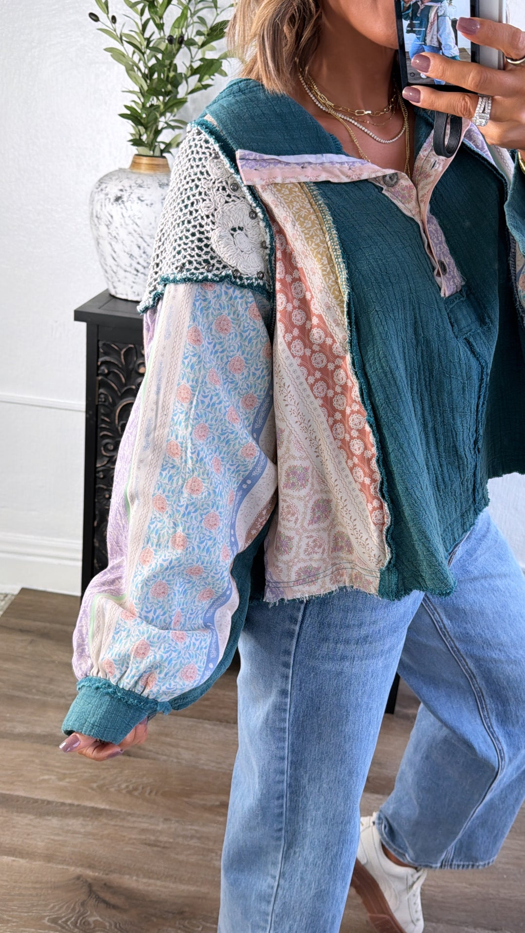 Tulip Skies Button Up Blouse, Teal Green