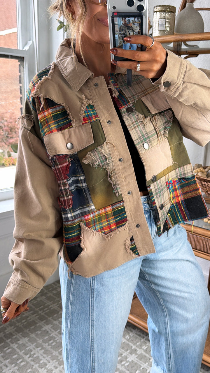 Care Free Plaid Patch Button Down Jacket, Khaki